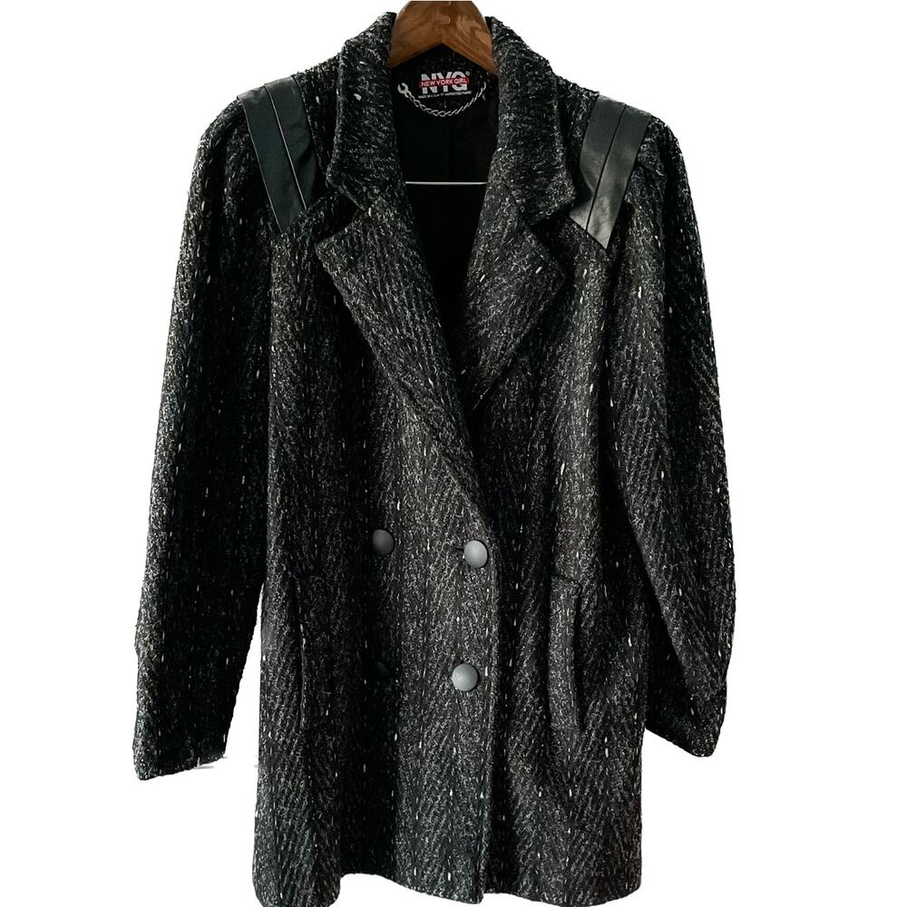 Vintage 80s marled wool double breasted pea coat leather shoulders size medium M - Picture 1 of 10